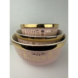 HTF VTG Hall's MCM Pink & Gold Basket Weave 3 Piece Bowl Set #1376, #1377 & 1378